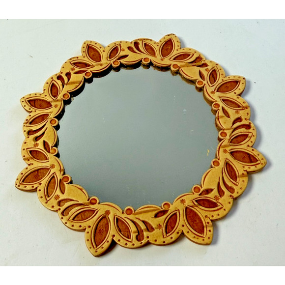 Vintage Handmade Russian Birch Wood Decorated Compact Mirror New Old Stock - Picture 1 of 4
